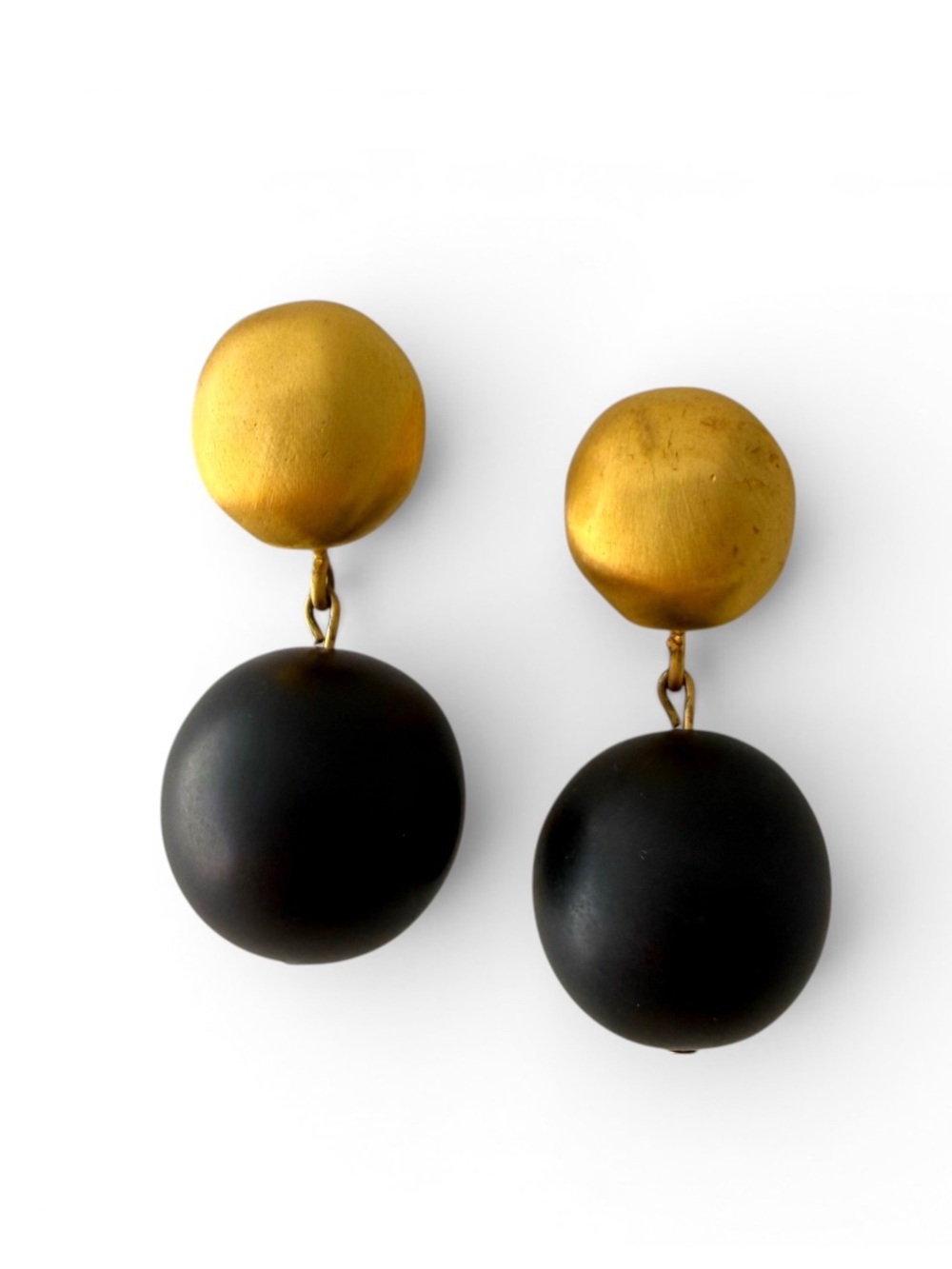 Vintage Givenchy Signed Matte Brushed Goldtone Black Double Ball Dangle Earrings - Picture 1 of 8